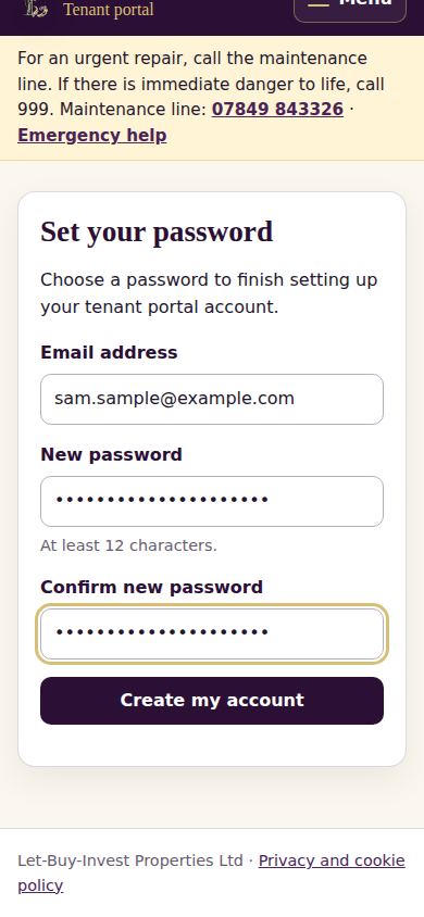The “Set up your account” page with the email address and two password boxes