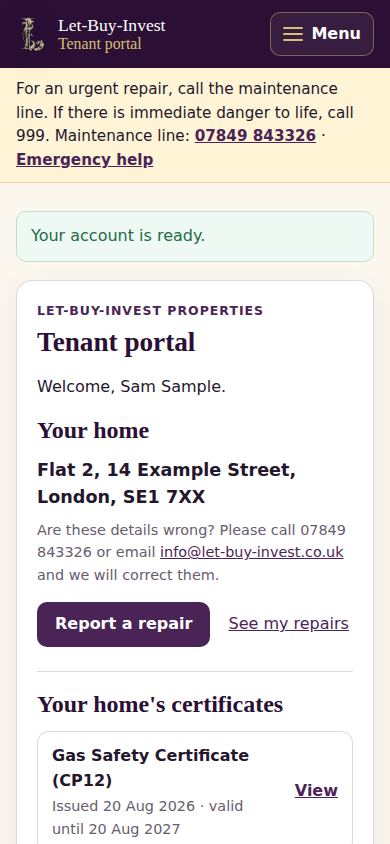 The portal home page with the address and the Report a repair button