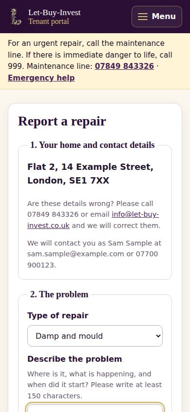 The Report a repair form filled in, with a photo added