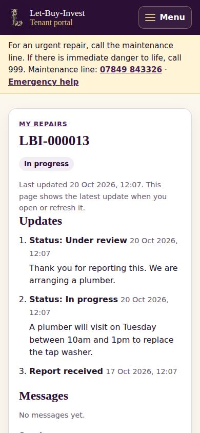 A repair page showing its status, an update from Let-Buy-Invest and the reply box