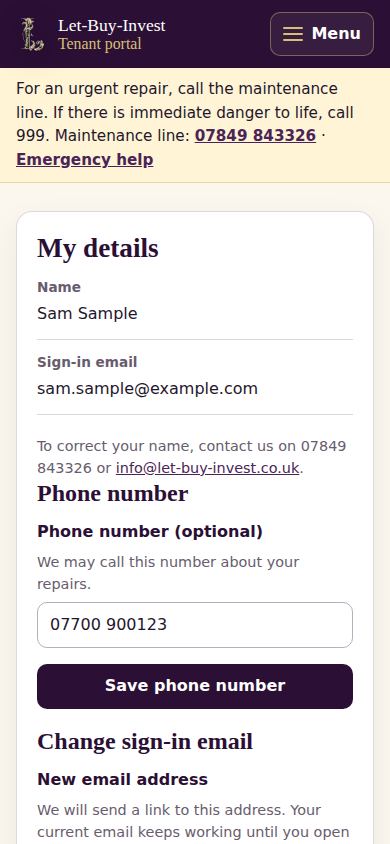The My details page with phone, email and password sections