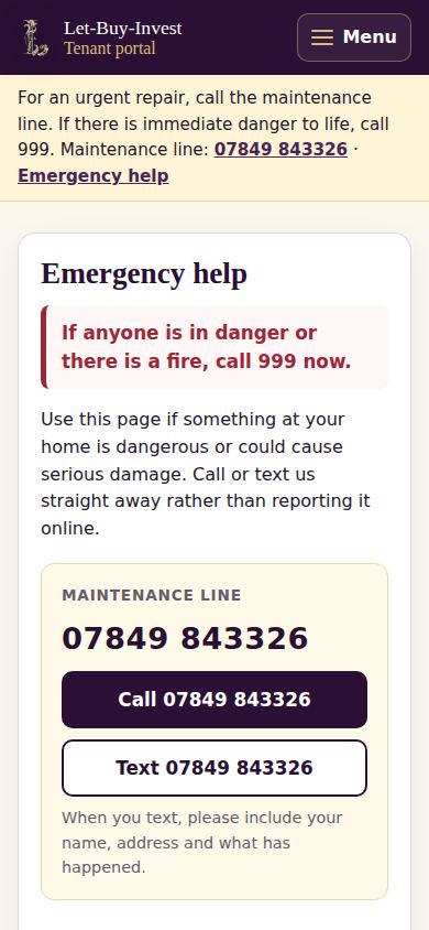 The Emergency help page with the call and text buttons